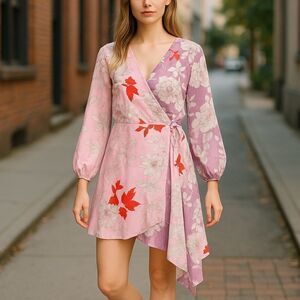 Badgley Mischka Renee Chiffon Floral Long Sleeve Faux Wrap Drape Dress Size 8